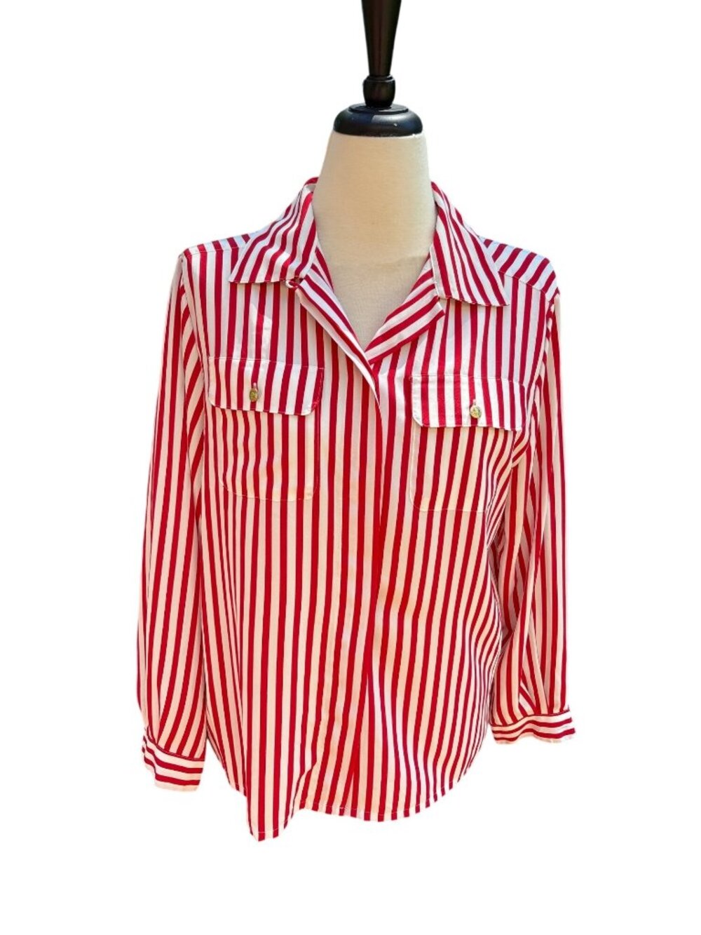 Red & White Striped Button-Down Blouse Gold Buttons Long Sleeves & Chest Pockets